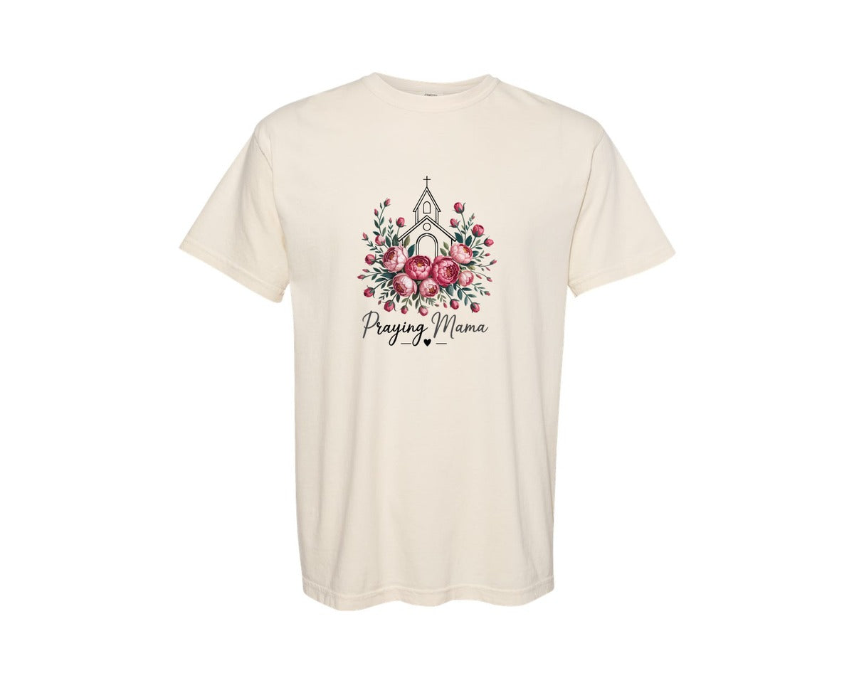 brand:Comfort Colors|color:Ivory|Praying Mama Floral Church Art Graphic T-Shirt