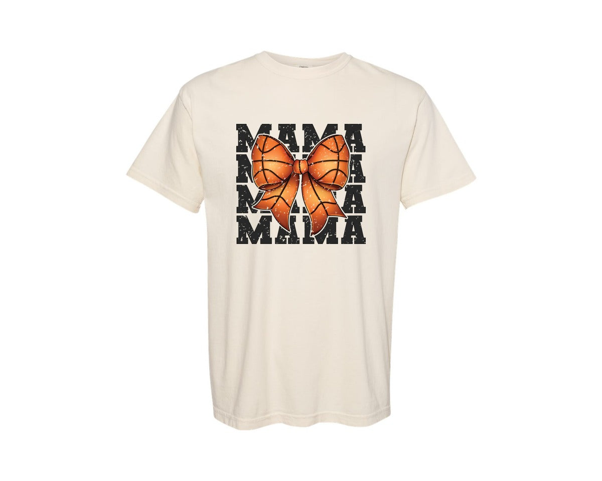 brand:Comfort Colors|color:Ivory|Coquette Basketball Mom Retro Mama Bow Graphic T-Shirt