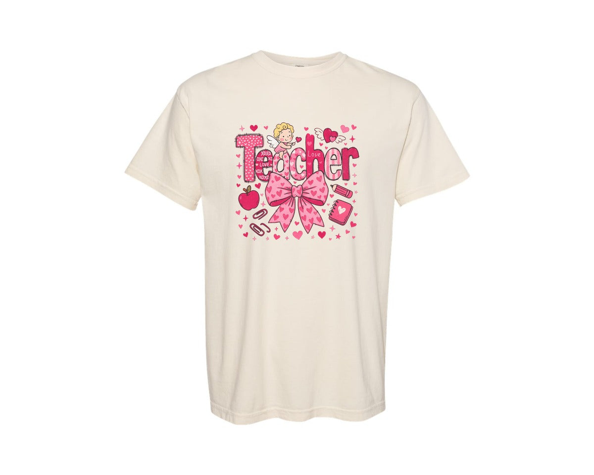 brand:Comfort Colors|color:Ivory|Teacher Valentine Coquette Graphic T-Shirt