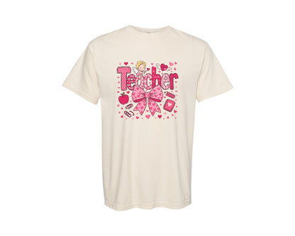 brand:Comfort Colors|color:Ivory|Teacher Valentine Coquette Graphic T-Shirt