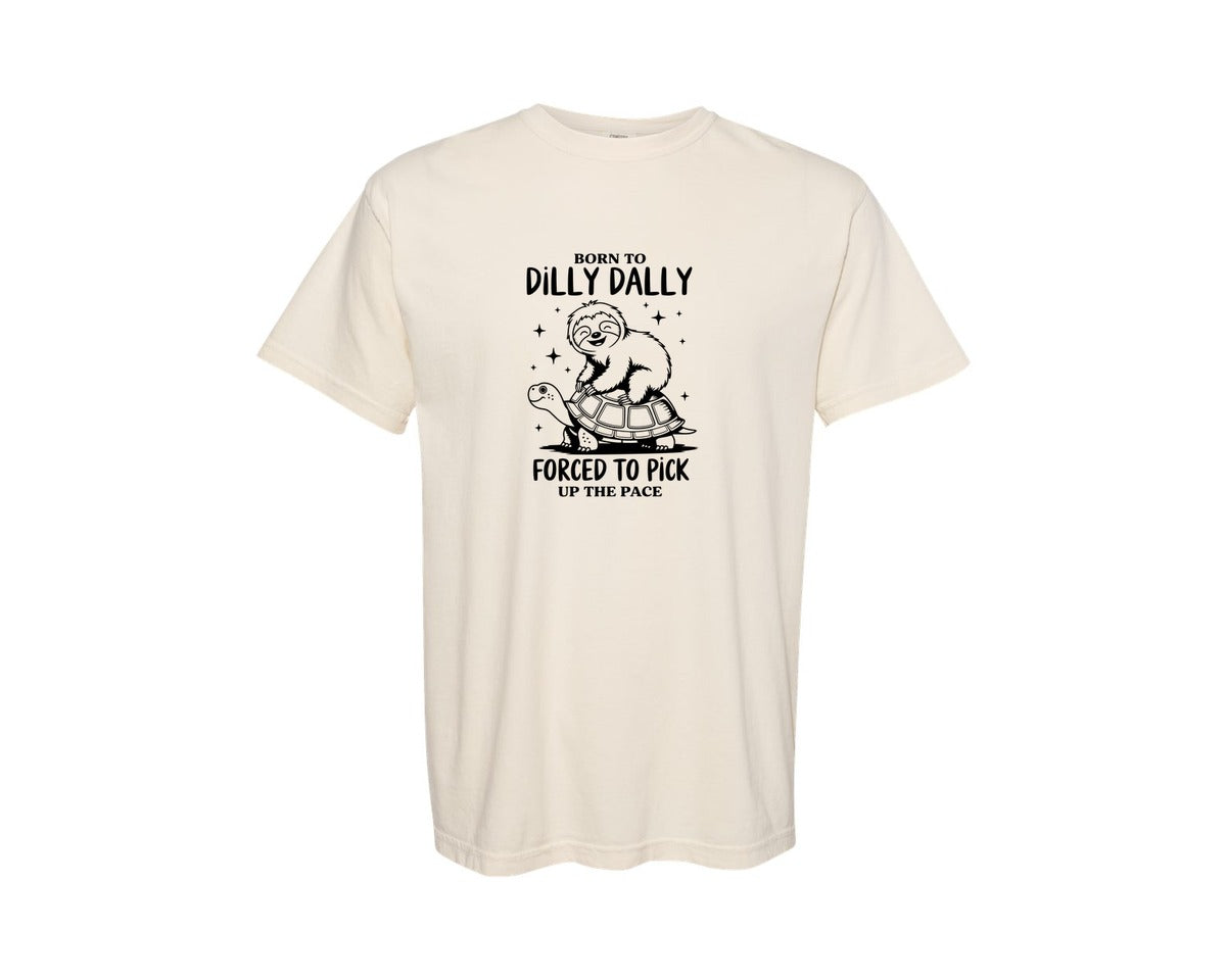 brand:Comfort Colors|color:Ivory|Born To Dilly Dally Funny Sloth Graphic T-Shirt
