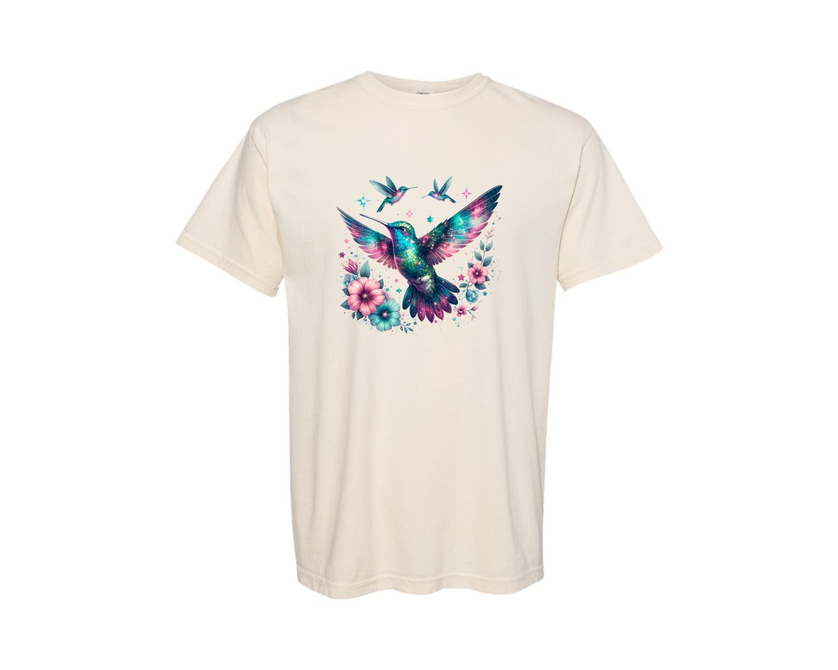brand:Comfort Colors|color:Ivory|Iridescent Hummingbird Flowers Graphic T-Shirt