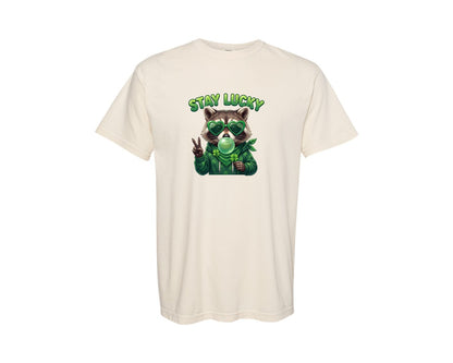 brand:Comfort Colors|color:Ivory|Stay Lucky Raccoon St Patrick Graphic T-Shirt