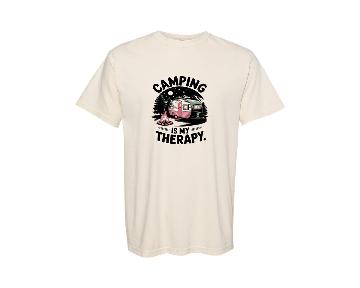 brand:Comfort Colors|color:Ivory|Camping Is My Therapy Camper Design Graphic T-Shirt