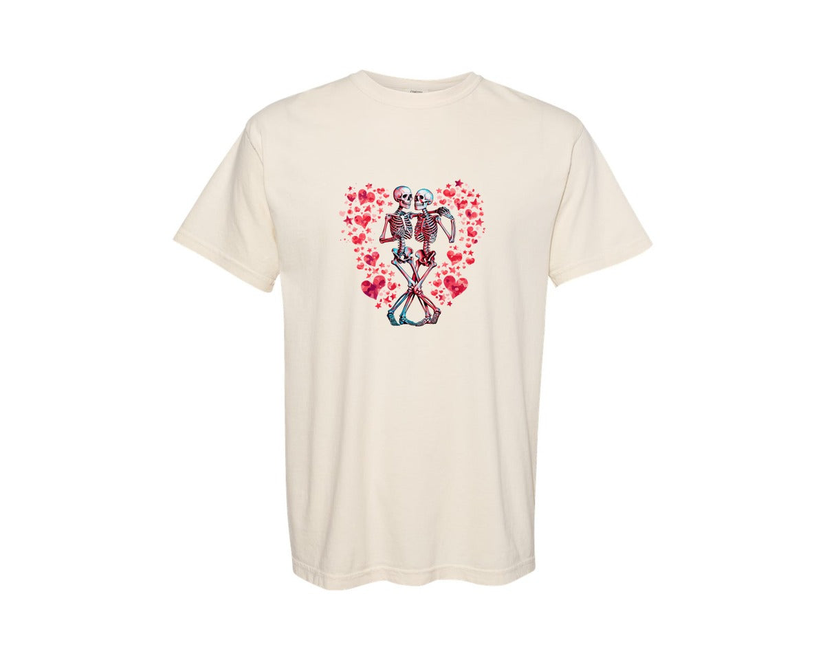 brand:Comfort Colors|color:Ivory|Skeleton Couple Valentine Hearts Romance Graphic T-Shirt