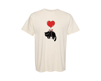 brand:Comfort Colors|color:Ivory|Floating Black Cat With Heart Balloon Graphic T-Shirt