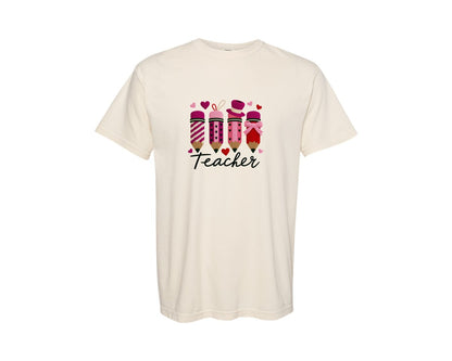 brand:Comfort Colors|color:Ivory|Faux Yarn Pencil Teacher Graphic T-Shirt