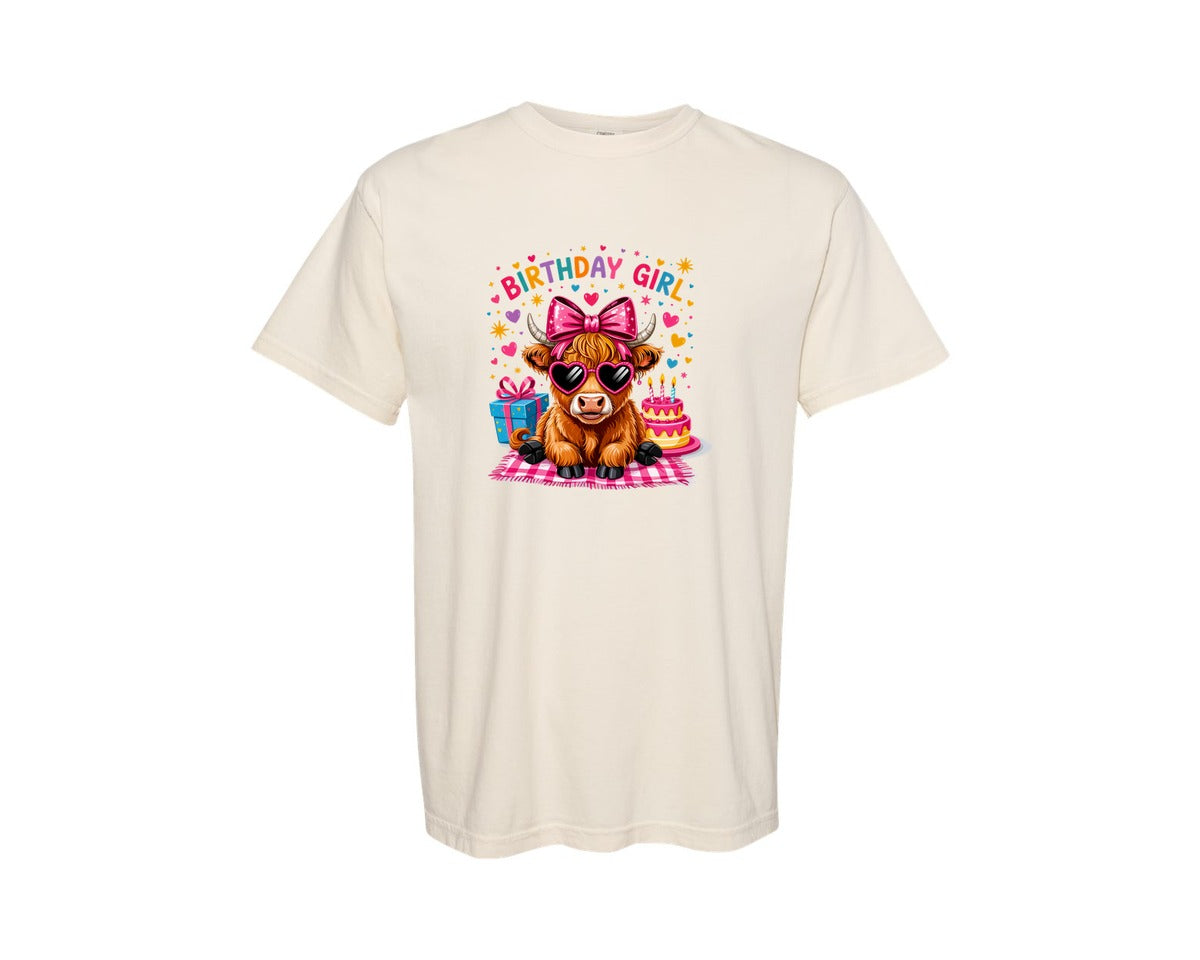 brand:Comfort Colors|color:Ivory|Birthday Highland Cow Graphic T-Shirt
