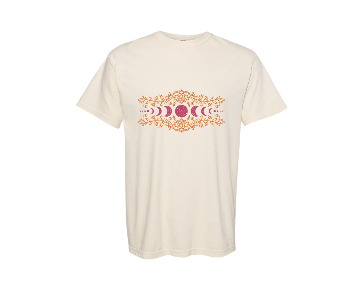 brand:Comfort Colors|color:Ivory|Moon Phases And Lotus Flowers Graphic T-Shirt