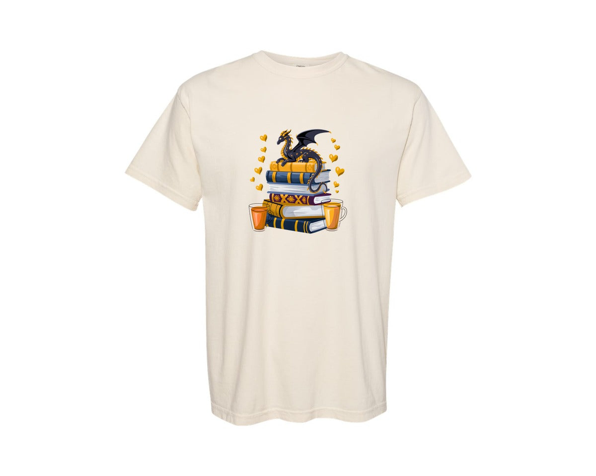 brand:Comfort Colors|color:Ivory|Starry Dragon Book Stack Graphic T-Shirt