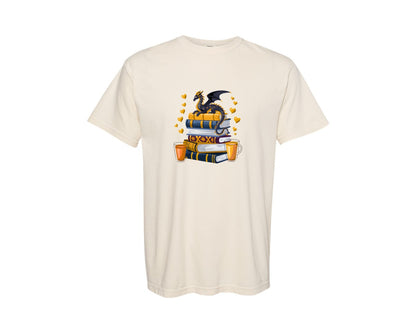 brand:Comfort Colors|color:Ivory|Starry Dragon Book Stack Graphic T-Shirt