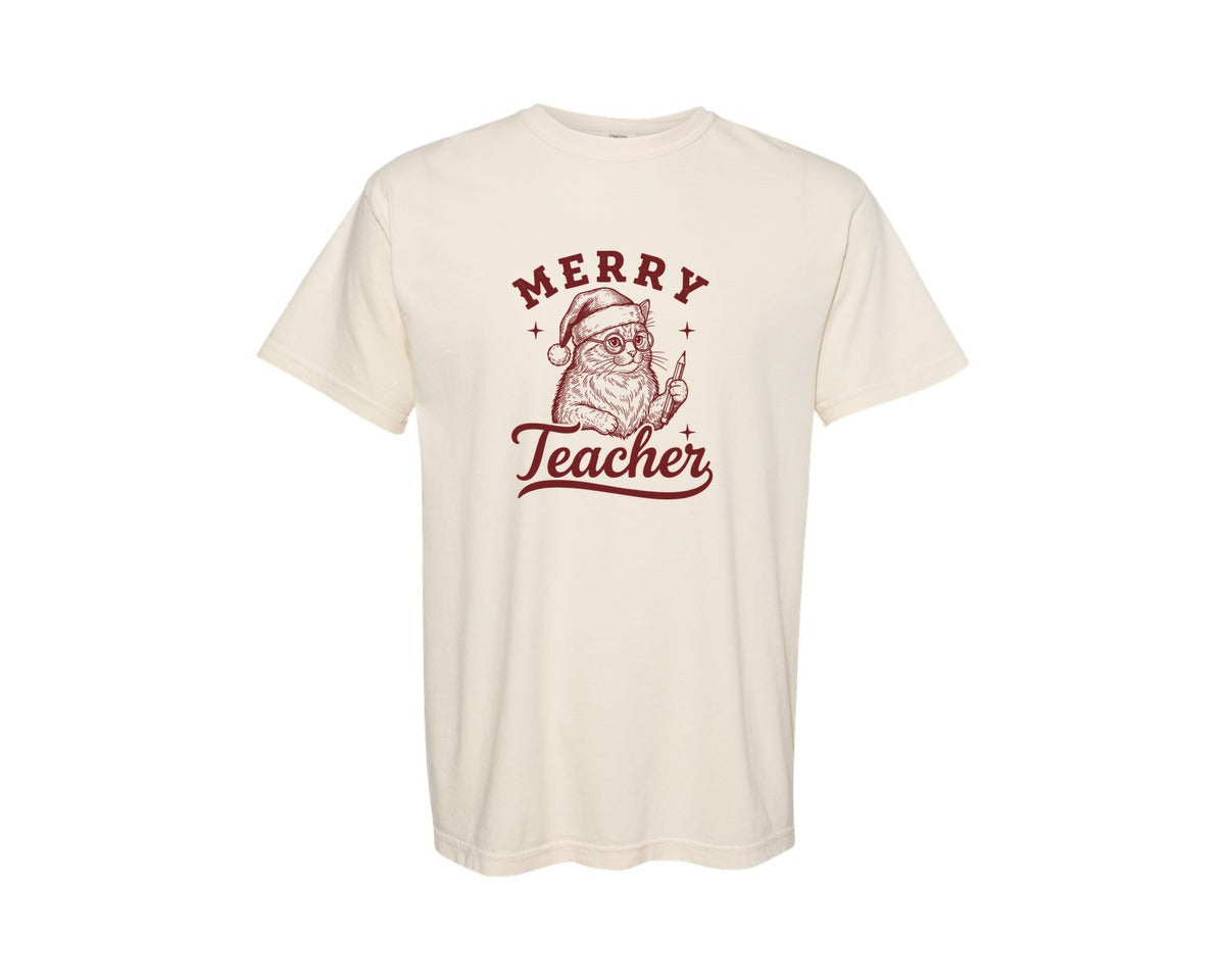 brand:Comfort Colors|color:Ivory|Merry Teacher Vintage Christmas Graphic T-Shirt