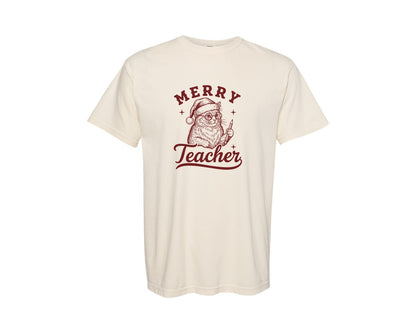brand:Comfort Colors|color:Ivory|Merry Teacher Vintage Christmas Graphic T-Shirt