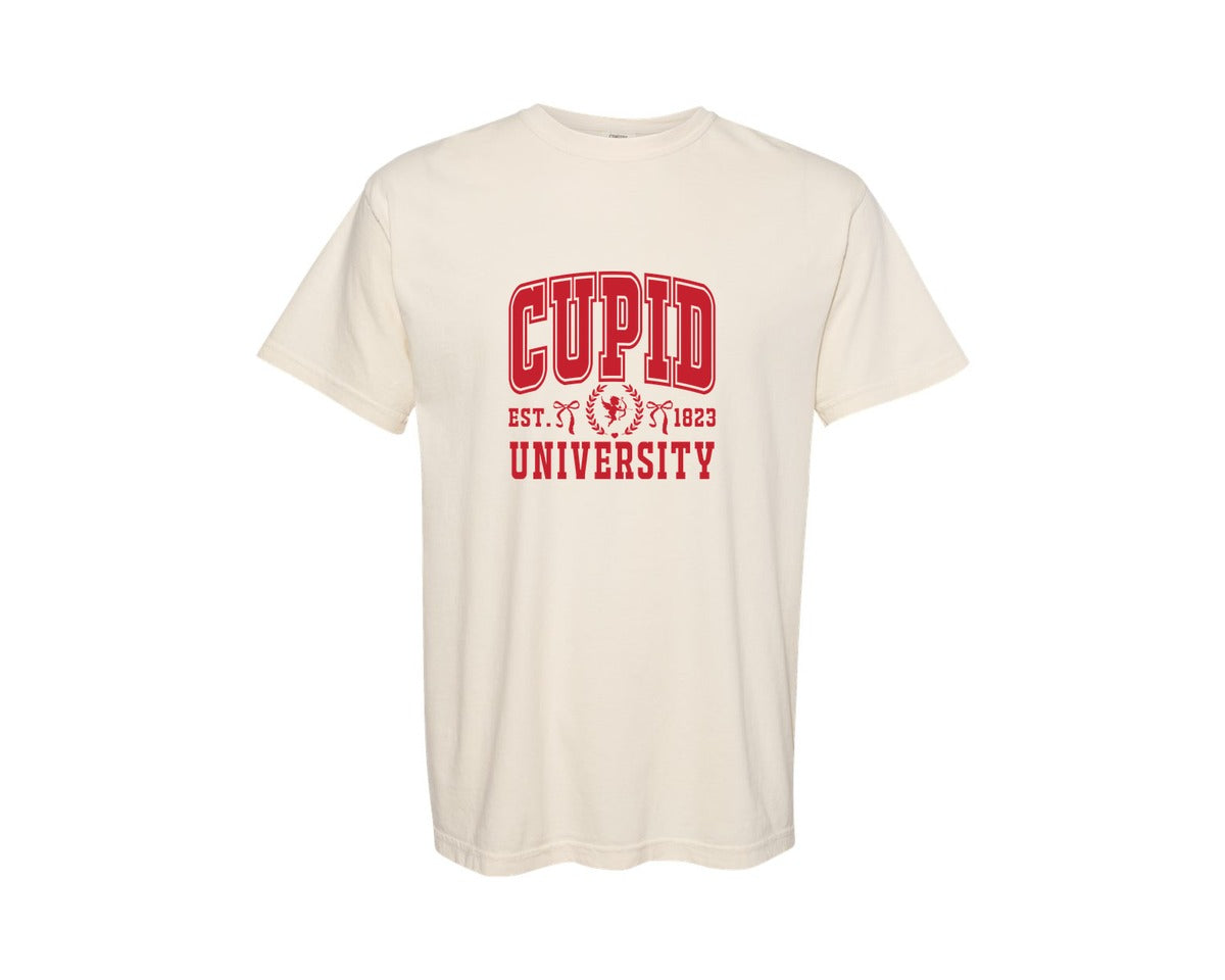 brand:Comfort Colors|color:Ivory|Cupid University Pngvalentines Day Graphic T-Shirt
