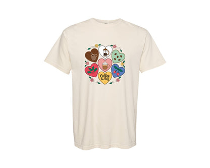 brand:Comfort Colors|color:Ivory|Coffee And Cozy Fall Hearts With Pumpkin Graphic T-Shirt