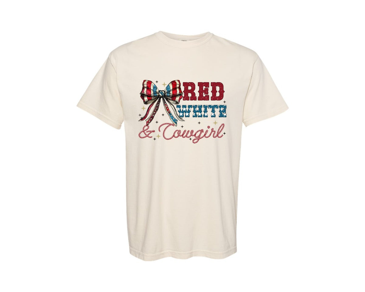 brand:Comfort Colors|color:Ivory|Red White Cowgirl 4Th Of July Graphic T-Shirt