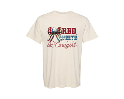 brand:Comfort Colors|color:Ivory|Red White Cowgirl 4Th Of July Graphic T-Shirt