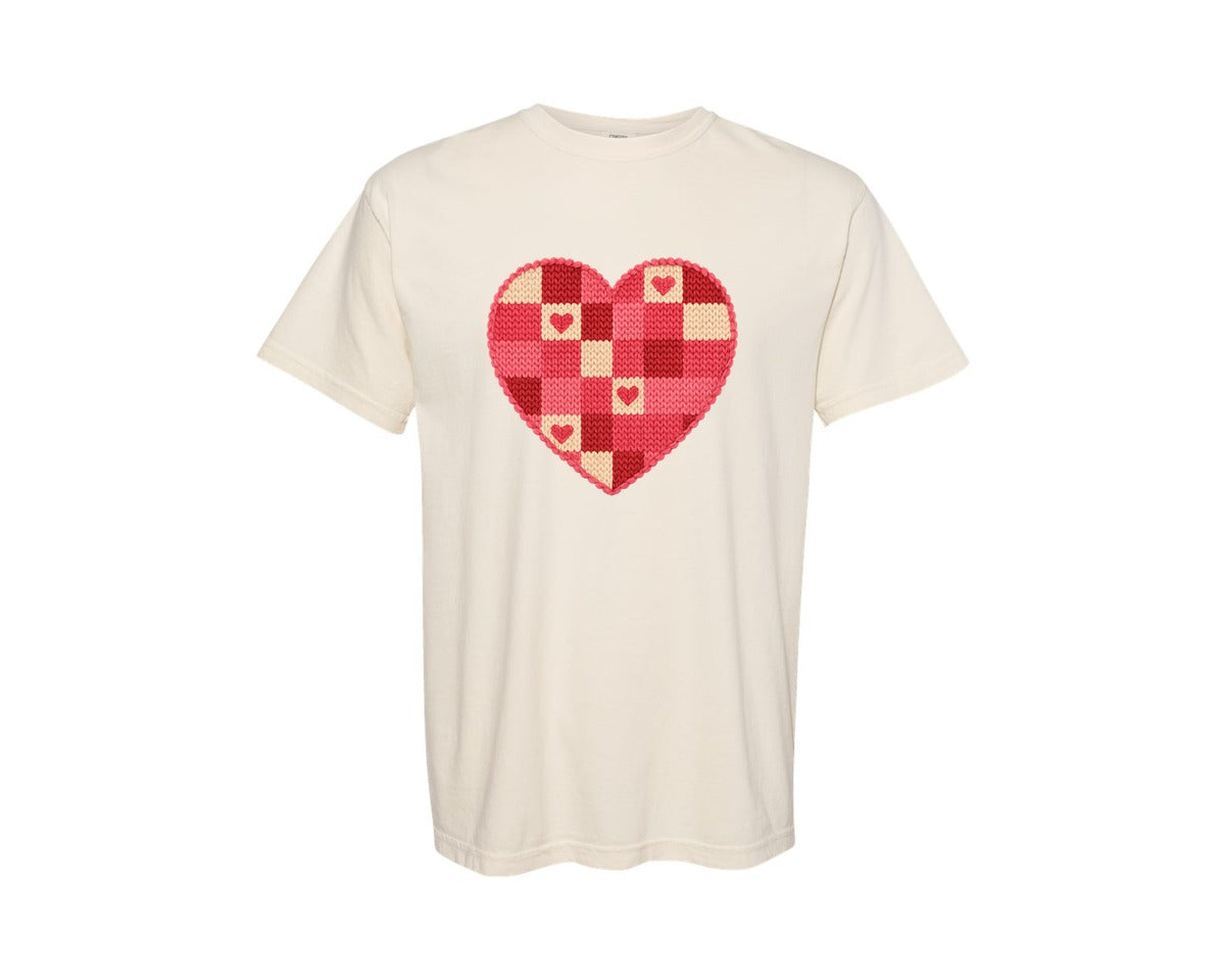 brand:Comfort Colors|color:Ivory|Crochet Patchwork Heart Quilted Graphic T-Shirt