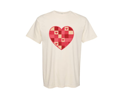 brand:Comfort Colors|color:Ivory|Crochet Patchwork Heart Quilted Graphic T-Shirt