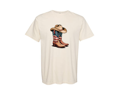 brand:Comfort Colors|color:Ivory|4Th Of July Cowboy Boots Watercolor Graphic T-Shirt