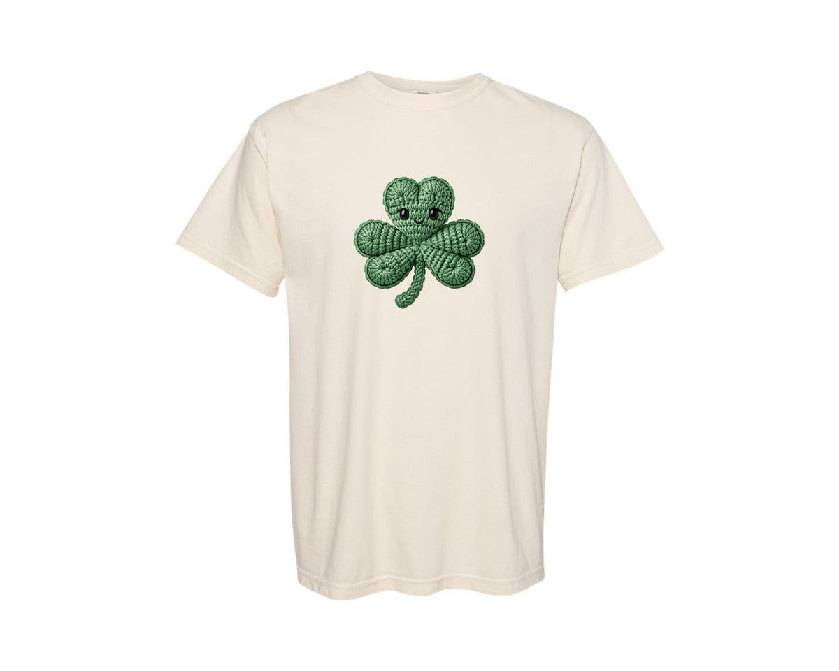 brand:Comfort Colors|color:Ivory|St Patricks Day Crochet Shamrock Graphic T-Shirt