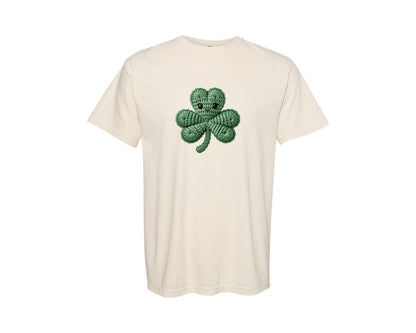 brand:Comfort Colors|color:Ivory|St Patricks Day Crochet Shamrock Graphic T-Shirt