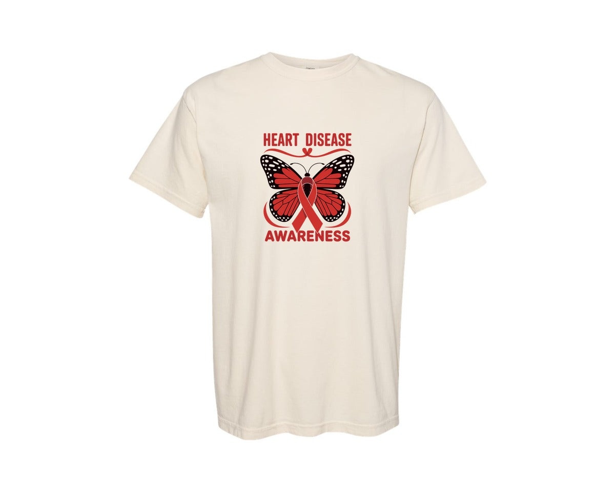brand:Comfort Colors|color:Ivory|Heart Disease Butterfly Ribbon Graphic T-Shirt