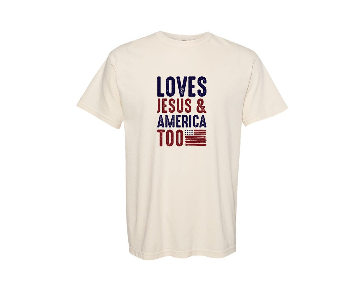 brand:Comfort Colors|color:Ivory|Loves Jesus And America Too Jesus Graphic T-Shirt