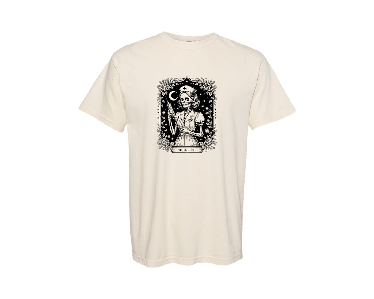 brand:Comfort Colors|color:Ivory|The Nurse Skeleton Tarot Card Graphic T-Shirt