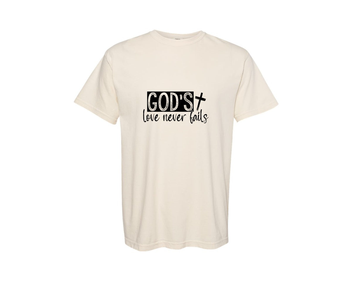 brand:Comfort Colors|color:Ivory|Gods Love Never Fails Sleeve Design 2 Graphic T-Shirt
