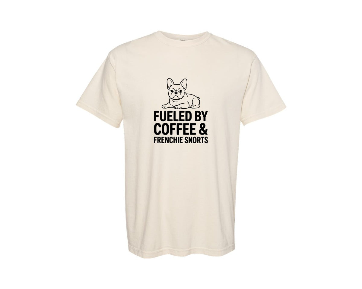 brand:Comfort Colors|color:Ivory|Fueled By Coffee Frenchie Snorts Graphic T-Shirt