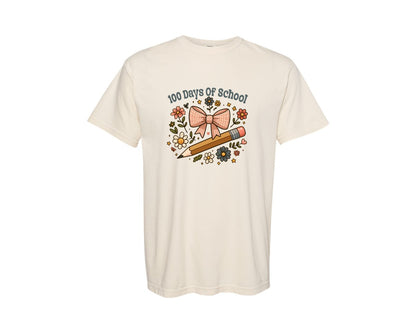 brand:Comfort Colors|color:Ivory|Boho 100 Days Of School Coquette Bow Graphic T-Shirt