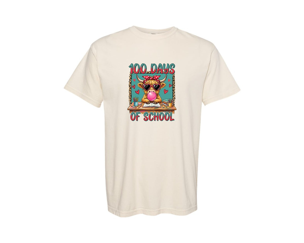 brand:Comfort Colors|color:Ivory|100 Days Of School Cute Highland Cow Graphic T-Shirt