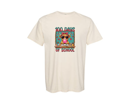 brand:Comfort Colors|color:Ivory|100 Days Of School Cute Highland Cow Graphic T-Shirt