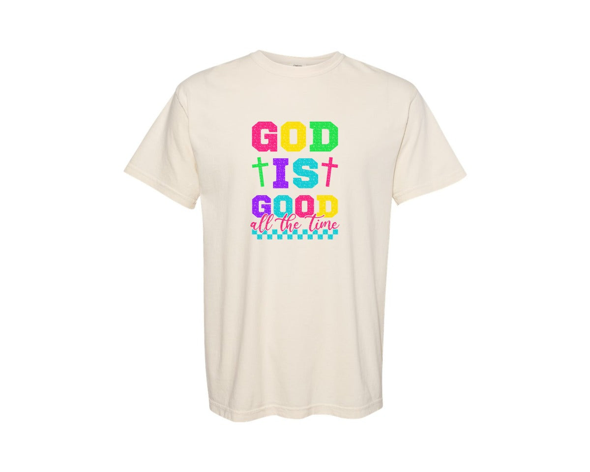 brand:Comfort Colors|color:Ivory|Preppy Pink God Is Good All The Time Graphic T-Shirt