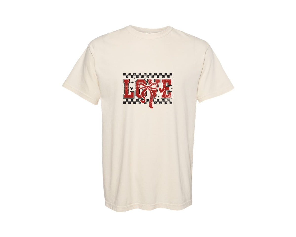 brand:Comfort Colors|color:Ivory|Love Bow Retro Varsity Love Out Graphic T-Shirt