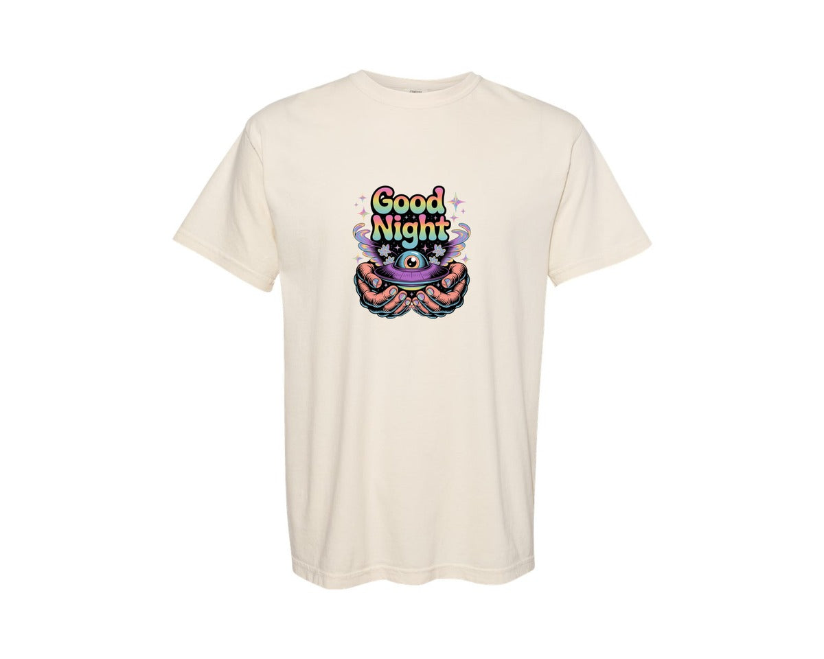 brand:Comfort Colors|color:Ivory|Good Night Text With Ufo Cosmic Hands Graphic T-Shirt
