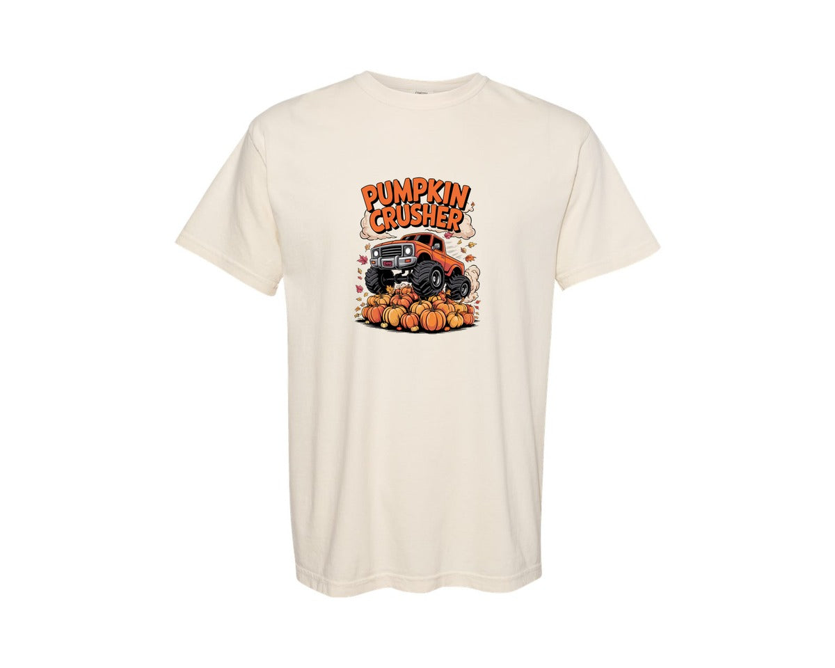 brand:Comfort Colors|color:Ivory|Pumpkin Crusher Monster Truck Fall Shirt Graphic T-Shirt