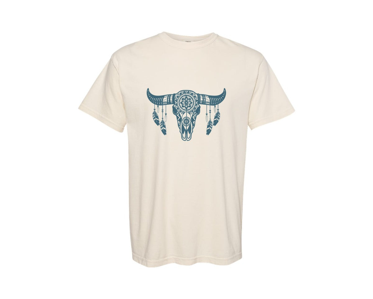 brand:Comfort Colors|color:Ivory|Western Bull Skull Aztec Boho Longhorn Graphic T-Shirt