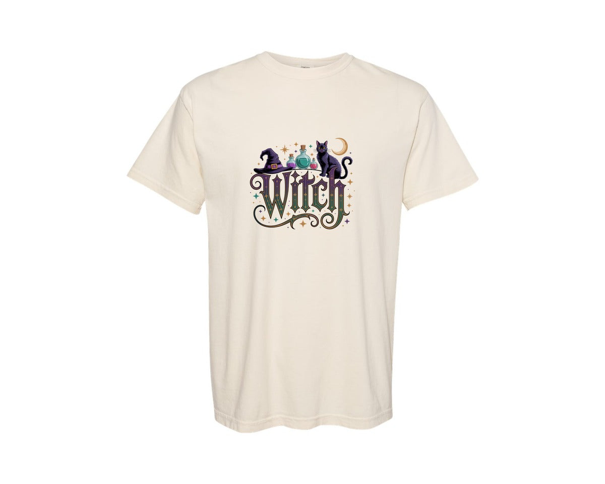 brand:Comfort Colors|color:Ivory|Witch Gothic Cat Potion Design Graphic T-Shirt