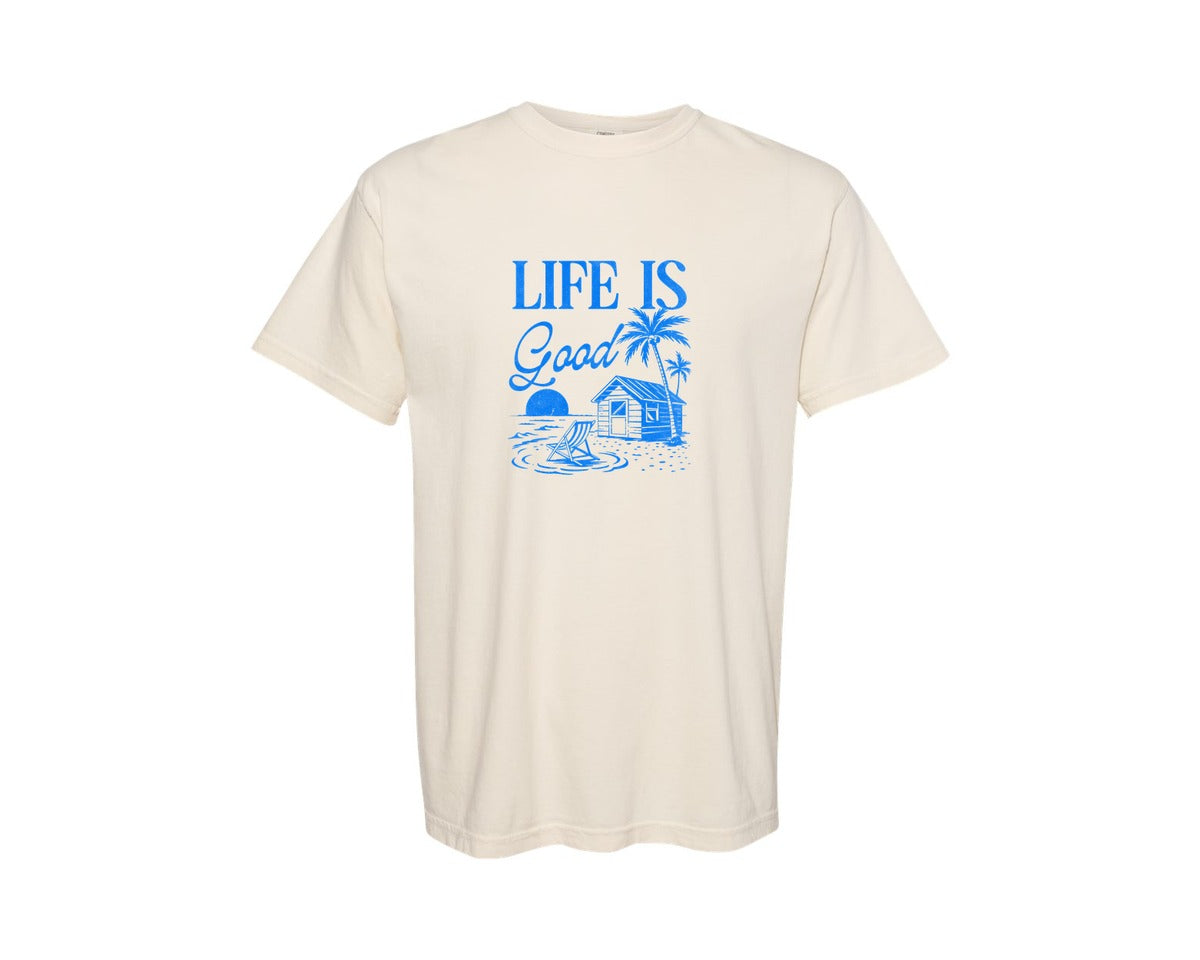 brand:Comfort Colors|color:Ivory|Retro Summer Beach Hut Life Is Good Graphic T-Shirt