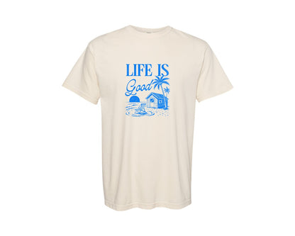 brand:Comfort Colors|color:Ivory|Retro Summer Beach Hut Life Is Good Graphic T-Shirt