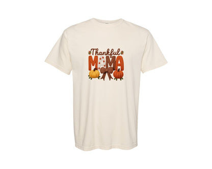 brand:Comfort Colors|color:Ivory|Preppy Thankful Mama Faux Yarn Bow Graphic T-Shirt