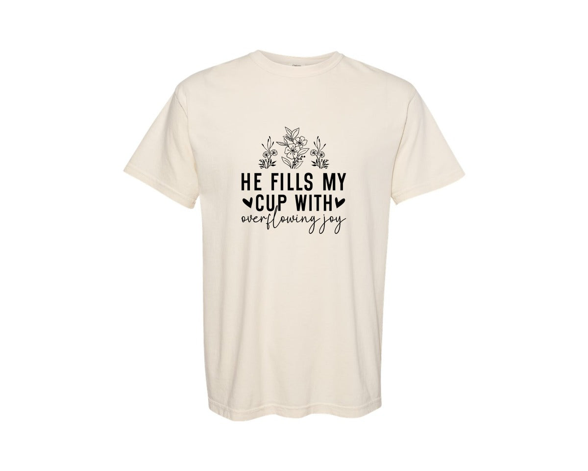 brand:Comfort Colors|color:Ivory|He Fills My Cup With Sleeve Jesus Graphic T-Shirt