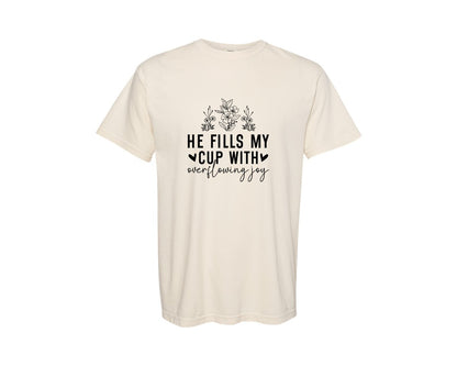 brand:Comfort Colors|color:Ivory|He Fills My Cup With Sleeve Jesus Graphic T-Shirt