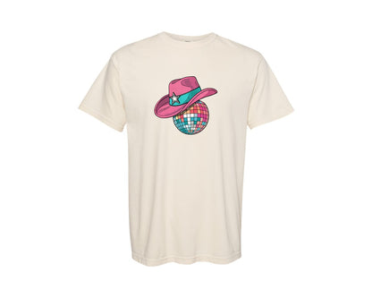 brand:Comfort Colors|color:Ivory|Western Cowgirl Hat Party Disco Ball Graphic T-Shirt