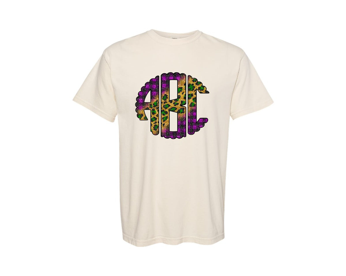 brand:Comfort Colors|color:Ivory|Glitter Mardi Gras Leopard Monogram Graphic T-Shirt