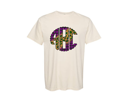 brand:Comfort Colors|color:Ivory|Glitter Mardi Gras Leopard Monogram Graphic T-Shirt