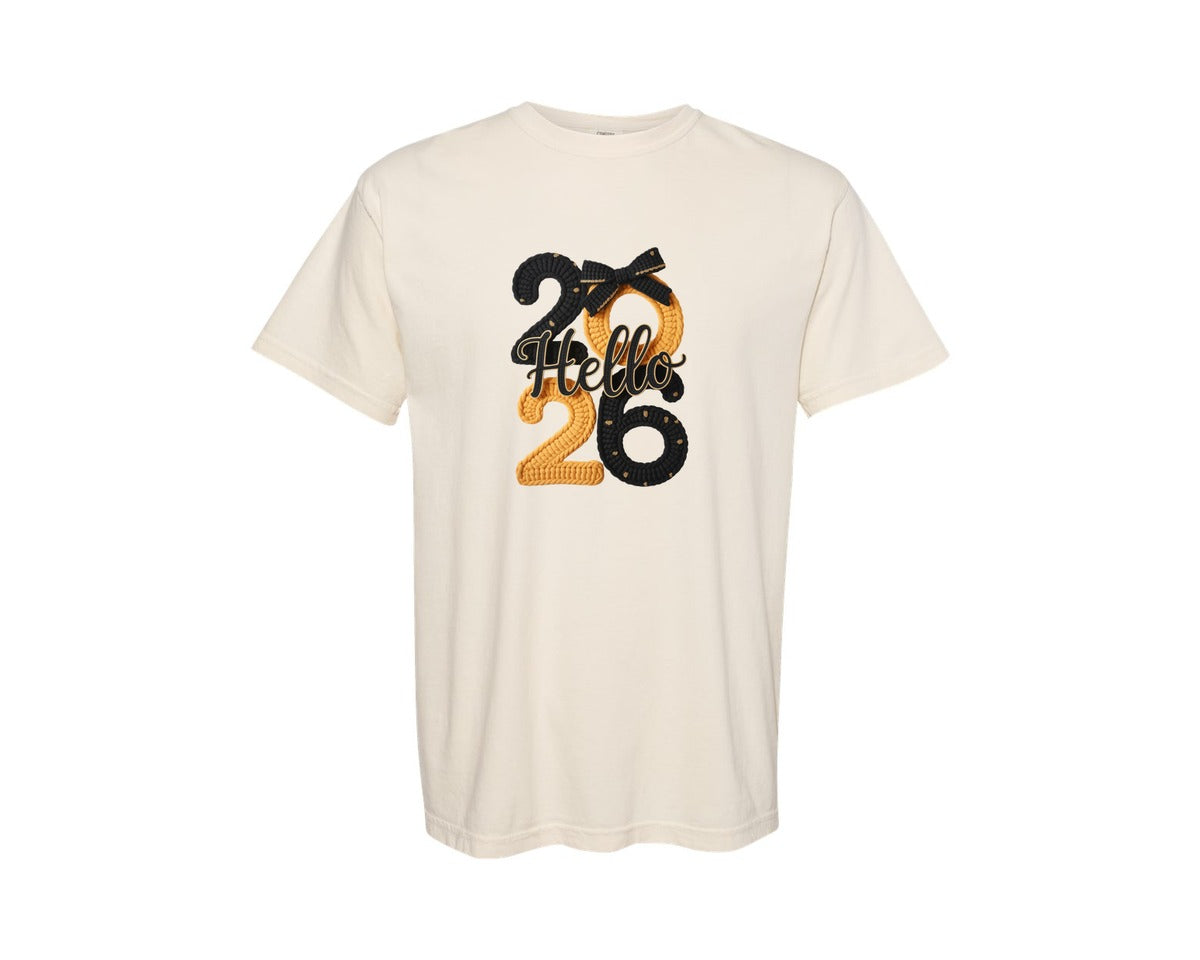 brand:Comfort Colors|color:Ivory|Faux Yarn Hello 2026 Happy New Year Graphic T-Shirt