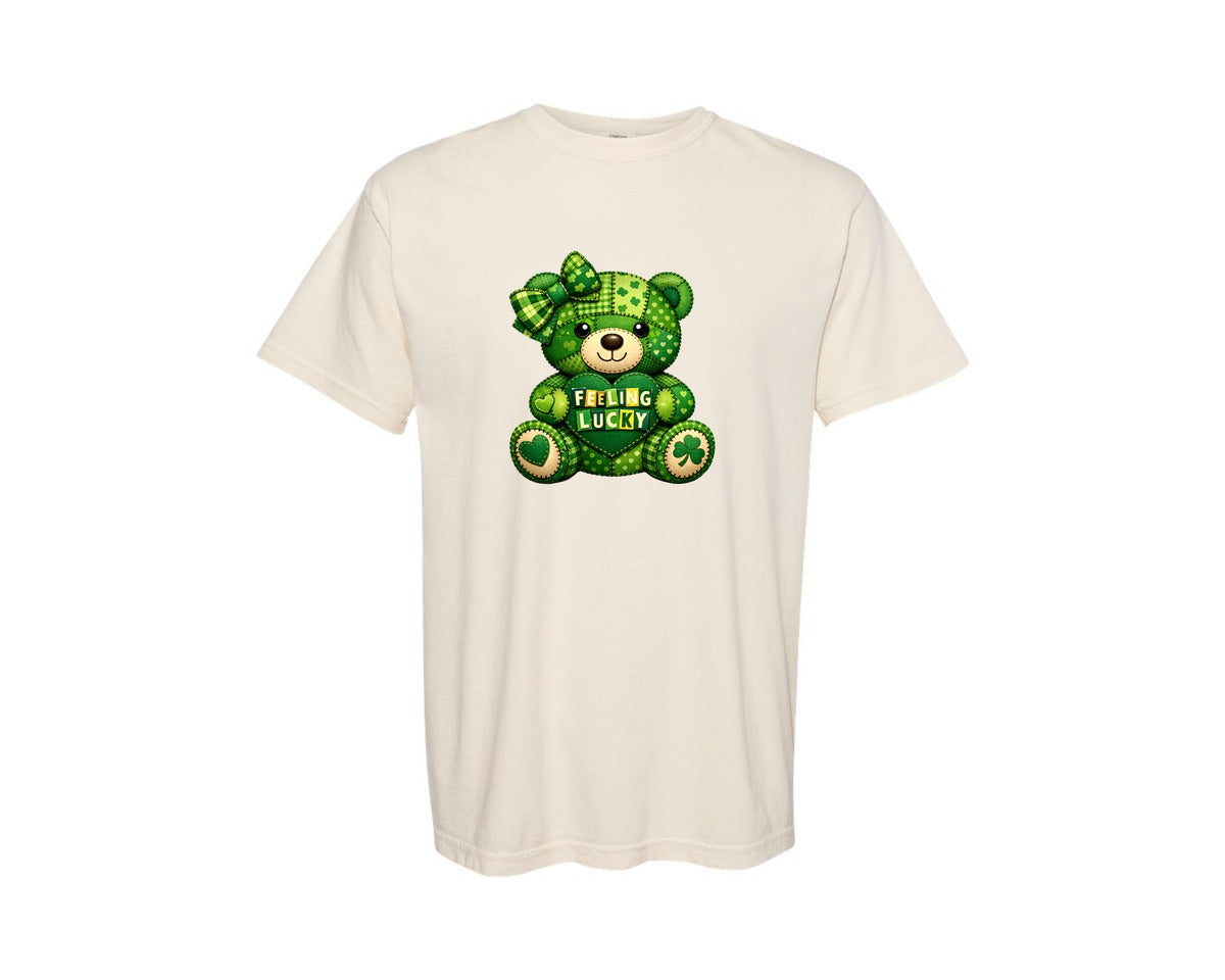brand:Comfort Colors|color:Ivory|Feeling Lucky Patchwork Teddy Bear Graphic T-Shirt